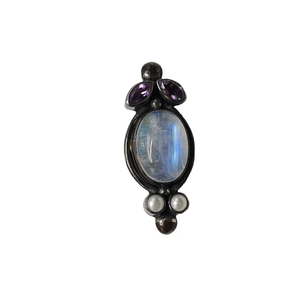 Vintage Sterling Silver Moonstone Amethyst Pearl Brooch Pin 7.17 Grams